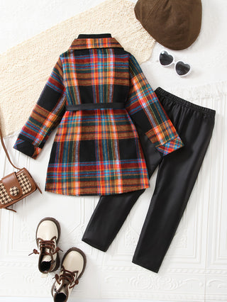 3 Piece Set for Girl: Plaid Shirt Jacket + Turtleneck Sweater + Belted Pants - Perfect for Casual Outings, Winter and Fall Outfits, as a Gift 