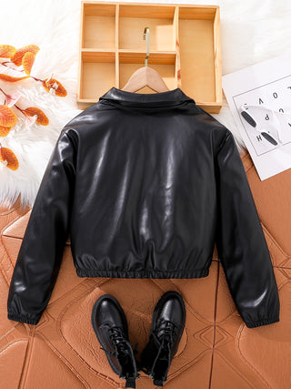 Girls Solid Color Faux Leather Jacket Long Sleeve Notched Collar Motorcycle Coat Stylish Button Up Winter Autumn Novelty Gift 