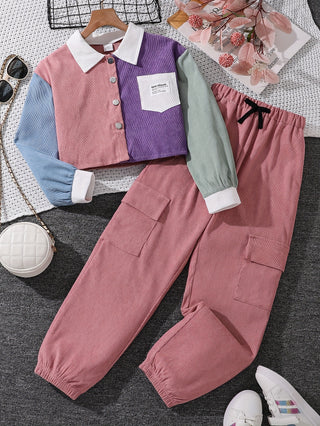 Stylish 2-Piece Girls Outfit: Long Sleeve Lapel Color Block Jacket and Pink Ankle Pants - Machine Washable, Perfect for Spring/Fall, Ages 8-12 