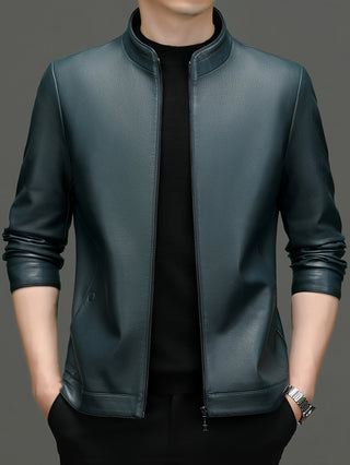 Men's Solid Faux Leather Jacket with Pockets, Casual Stand Collar Zipper Long Sleeve Outdoor Outerwear 