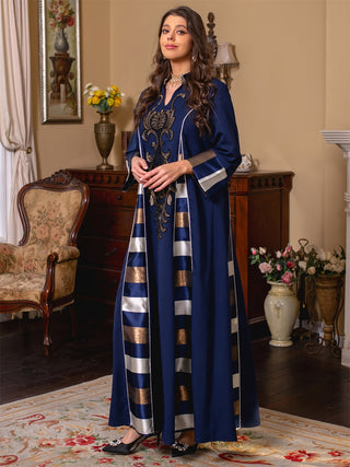 Elegant V Neck Embroidered Striped Kaftan Dress - Modest Long Sleeve Maxi Dress for Women, Polyester, Machine Washable 