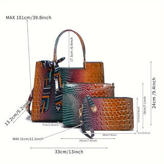 3 Pieces Crocodile Pattern Bag Set Gradient Color Tote Bag Luxury Handbag for Women with Crossbody Bag and Clutch Bag 