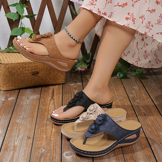 Women's Floral Embellished Thong Sandals, Easy Slip On Soft Sole, Casual Summer Slides, Versatile Non-Slip Wedge Slides 