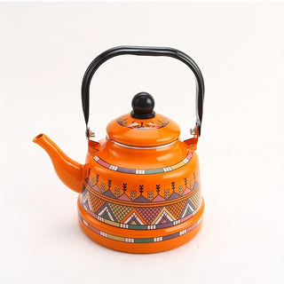 1pc 1.1L Enamel Tea Kettle Home Enamel Hot Water Kettle Geometric Printed Small World Variety Magic Cube Ancient Clock Kettle Kettle Restaurant Tea Kettle Coffee Kettle Middle East European Enamel Kettle Electromagnetic Stove Clear Fire Universal 