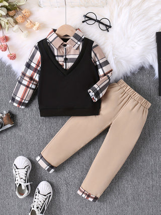 2Pcs Boys Clothes Fashion Plaid Shirt and Pants Set Fashion Long Sleeve Shirt Kids Clothes for Spring Autumn Winter Daily Outdoor Wear Gift 