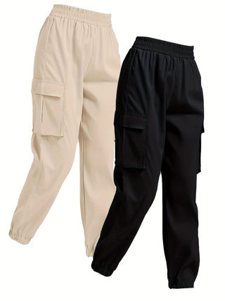 Women's 2 Piece Set Casual Solid Color Flap Pocket Elastic Waist Sports Cargo Pants 