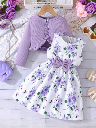 1 Set Girls Elegant Floral Bowknot Sleeveless Dress + Ruffle Long Sleeve Cardigan - Spring/Autumn Chic Comfortable 2 Pieces Urban Outerwear 