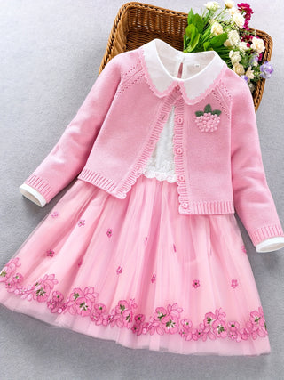 Girls 2 Pieces Knitted Elegant Floral O-Neck Sweater + Long Sleeve Pointed Collar Mesh Dress Spring/Autumn Comfortable Outerwear 