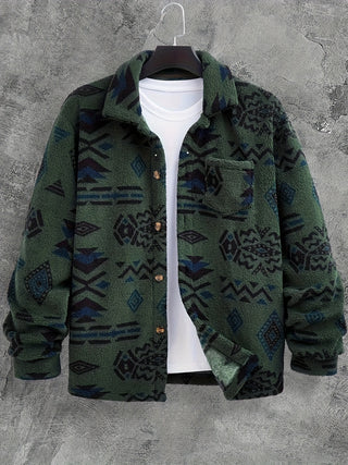 Men's Aztec Pattern Flannel Jacket Button Down Long Sleeve Casual Outerwear Pockets Regular Fit Knitted Fabric Non-Waterproof Spring/Autumn Collection 