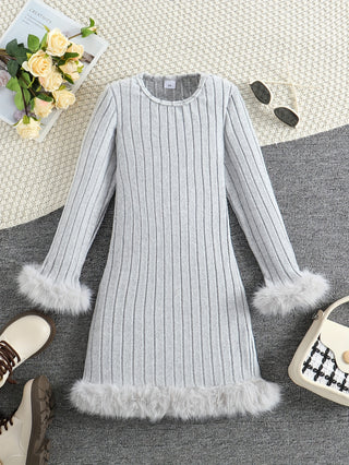 Elegant and stylish little girls faux fur long sleeve ribbed hem dress for spring and autumn outdoor 