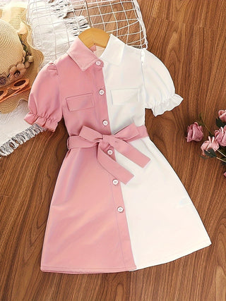 Girls Short Sleeve Mini Dress Shirt Two Color Design Casual Style Tie Waist Belt 