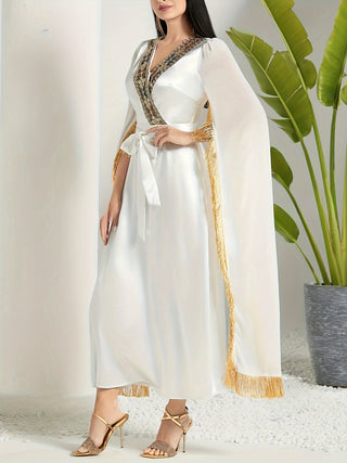 Elegant Cape Sleeve Ankle Length Kaftan Dress V Neck Tassel Decorated Women's Clothing 