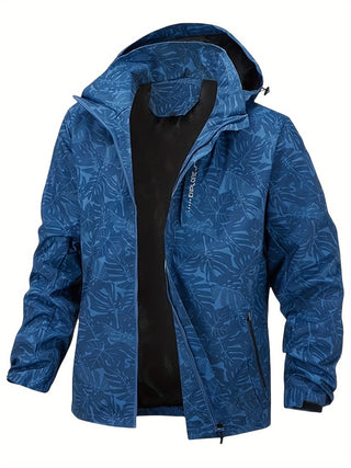 VAKAUP Men's Hooded Sports Jacket - 100% Polyester, Floral Pattern, Non-elastic Fabric, Long Sleeve, Waterproof, Windproof, Walking, Outdoor Activities, Spring/Autumn Season, Weekend Fit with Pockets and Zipper 