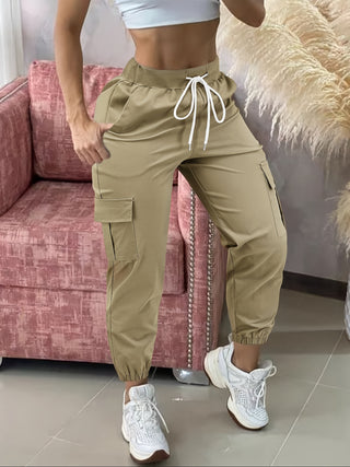 Women's Casual Cargo Pocket Drawstring Pants - Solid Color Polyester Blend for Comfort, Elastic Waist, Multiple Pockets, All Season Utility Pants 