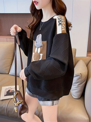 Autumn Winter Smiley Face Letter Pattern Long Sleeve Crew Neck Sweatshirt Women Clothes 