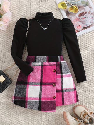 2Pcs Girls Elegant Clothes Set Turtleneck Blouse and Plaid Skirt Kids Outerwear for Spring Autumn Winter New Year Gift 