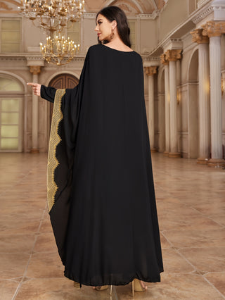 Loose fit cap sleeve dress with crew neck and flowy skirt with contrast trim, elegant dress with modest and modern design 