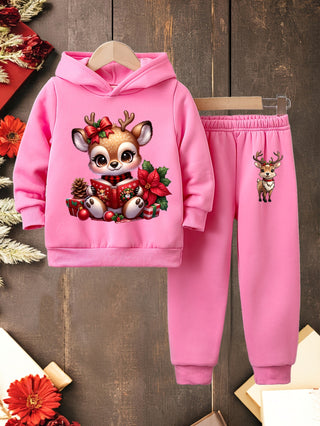 Girls Christmas Cartoon Print Hoodie Set, Comfortable Stretch Long Sleeve Sweatshirt, Polyester Knitted Sweater and Pants, Casual Loose Fit, Christmas Color Design, Winter Set, Outdoor Use. 