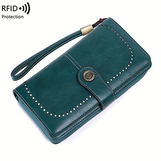 Women's Long Large Capacity RFID Blocking Wallet Solid Color Women's Wallet Multifunction Zipper Purse with Wrist Strap 