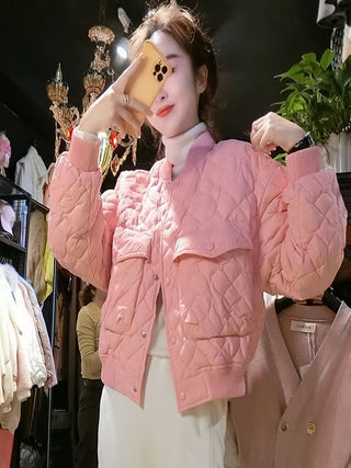 Women's Cotton Padded Jacket Pink Short Sleeve High Collar Button Fashion Outerwear Polyester Solid Color Regular Fit H-Shape All Seasons 