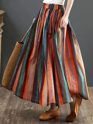 Plus Size Multicolor Striped A Line Skirt Elastic Waist Long Skirt Spring Summer Vacation Style Plus Size Women Clothing 