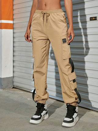 Jogger Pants with Flap Pockets, Elastic Waist Drawstring Cargo Pants, Women's Clothing 