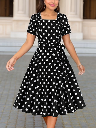 Polka Dot Print Square Neck Dress Elegant Belted Short Sleeve Spring Summer Dress Women Clothing 