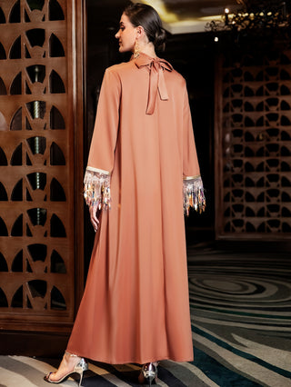 Modest dress with rhinestone detail, elegant design with long sleeves and a turn-down collar, women's clothing 