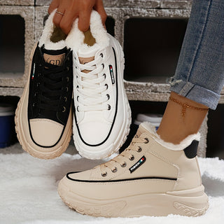 Women's Solid Color Fluffy Sneakers Lace Up Platform Soft Sole Warm Thermal Lining Winter Non-Slip Snow Canvas Shoes 