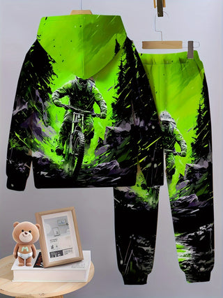 Boys Casual Hoodie and Pants Set, 3D Digital Print, Stretchy and Comfortable, Perfect for Daily Wear and Outdoor Activities 