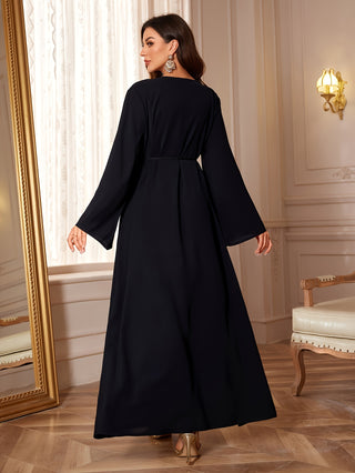 Elegant V Neck Kaftan Dress Long Sleeve Belted Ankle Length Dress Women Clothing 