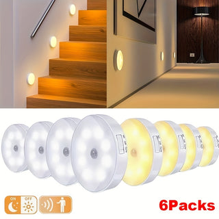 Set of 6 LED Night Lights with Human Body Detection, Bi-Color Temperature, with Control Switch, Adjustable Lighting for Bedroom, 250mAh USB Rechargeable Lithium Battery, - No Wires Required 