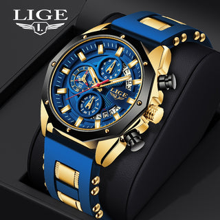 LIGE Luxury Men's Quartz Watch - Large Dial, Water Resistant with Silicone Strap, Night Light and Calendar Features 