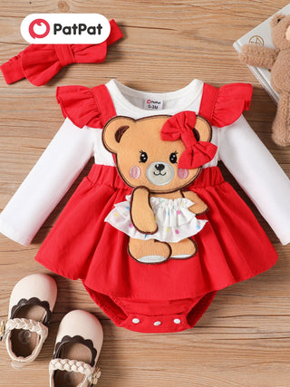 طقم 2 قطعة من PatPat Baby Girl Bear Graphic Ruffle Trim Long Sleeve Faux-two Romper & Headband Set