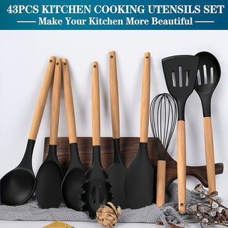 43 Piece Set, Silicone Kitchen Utensil Set, Heat Resistant Non-Stick Cooking Spoon Set with Wooden Handle for Baking, Cooking, Mixing, Best Kitchen Tools with Holder, Kitchen Gadgets 