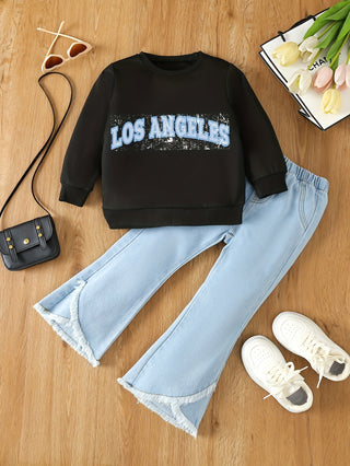 Los Angeles Print Girls 2 Piece Outfits Casual Long Sleeve Crew Neck Sweatshirt and Loose Jeans Pants Winter Autumn Kids Clothes 