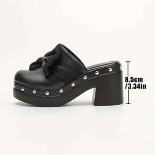 Women's Solid Color Clogs, Bowknot and Studded Decor, Comfortable Thick Heel, Versatile Thick Toe Platform 