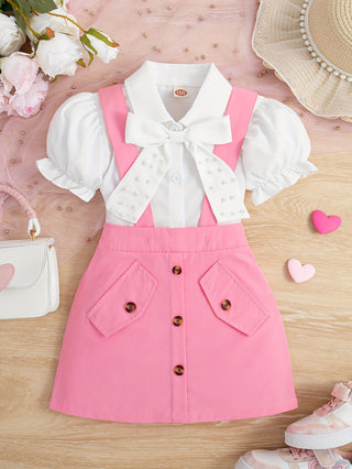 2Pcs Solid Color Bead Bow Puff Sleeve T-shirt + Button Up Suspender Skirt for Girls Cute Fashion Holiday Outfits Summer Gift Girls Outerwear 