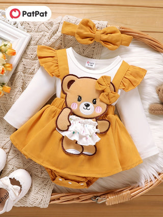 طقم 2 قطعة من PatPat Baby Girl Bear Graphic Ruffle Trim Long Sleeve Faux-two Romper & Headband Set