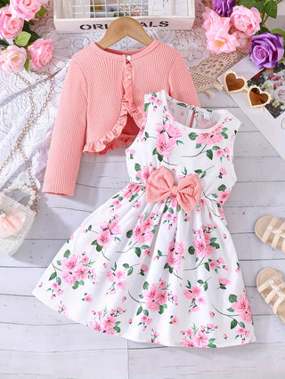 1 Set Girls Elegant Floral Bowknot Sleeveless Dress + Ruffle Long Sleeve Cardigan - Spring/Autumn Chic Comfortable 2 Pieces Urban Outerwear 