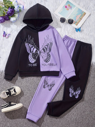 Butterfly Pattern Girl Outfit 2 Pieces Hoodie and Sweatpants Set Be Yourself Print Color Block Kids Clothes for Spring Autumn Outdoor 