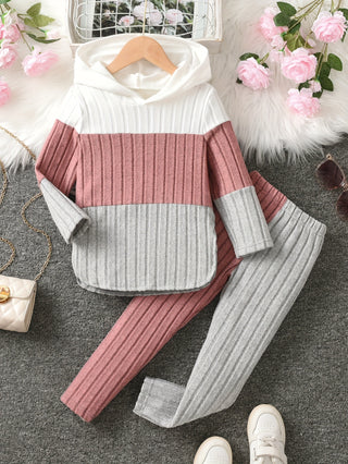 Girls Color Contrast 2Pcs Casual Ribbed Long Sleeve Hooded Top + Leggings Pants Set Autumn Winter Outfits 