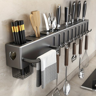 Wall Mounted Kitchen Utensil Holder, Made of Metal and Plastic, No Drilling Required, with Hooks for Multipurpose Utensil Storage and Organization for Cooking Tools and Utensils, Space Saving Rack in Kitchen 