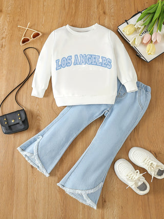 Los Angeles Print Girls 2 Piece Outfits Casual Long Sleeve Crew Neck Sweatshirt and Loose Jeans Pants Winter Autumn Kids Clothes 