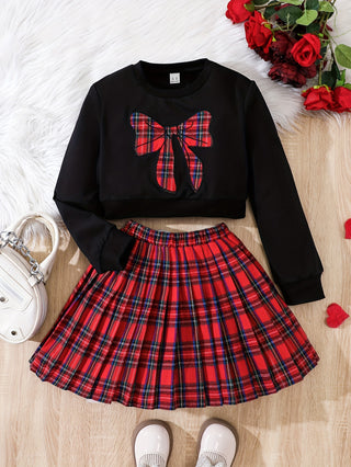 Girls Casual 2 Piece Set Bowknot Print Blouse and Plaid Skirt Kids Clothes for Autumn Party 