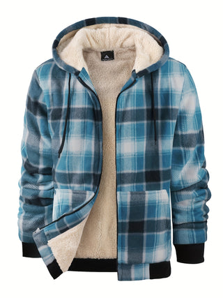 Men's Thick Fleece Lined Hooded Plaid Jacket for Autumn Winter 