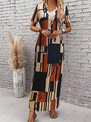 All Over Print V Neck Dress Casual Short Sleeve Maxi Dress Spring Summer Women Clothing 