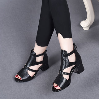 Women's Solid Color Thick Heel Sandals Open Toe Dress Pumps Back Zipper Heel Elegant Design 