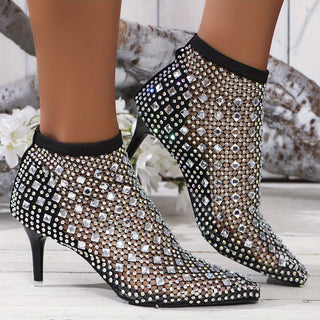 Women Pointed Toe Mesh Rhinestone Stiletto Heel Fashion Sandals, Breathable Ankle Boots 