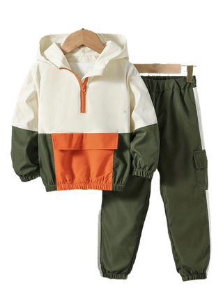 2Pcs Boys Clothes Set Contrast Color Hoodie Half Zip Hoodie and Cargo Pants Fashion Long Sleeve Shirt Kids Clothes for Spring Autumn Winter Casual Outerwear Gift 